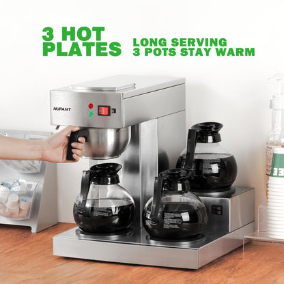 NUPANT 12 Cup Commercial Coffee Maker,Drip Coffee Maker Machine with 3 Warmers Plate and 3 Glass Decanters, Stainless Steel Pour Over Commercial Coffee Brewer for Restaurant, Office, Cafe Use