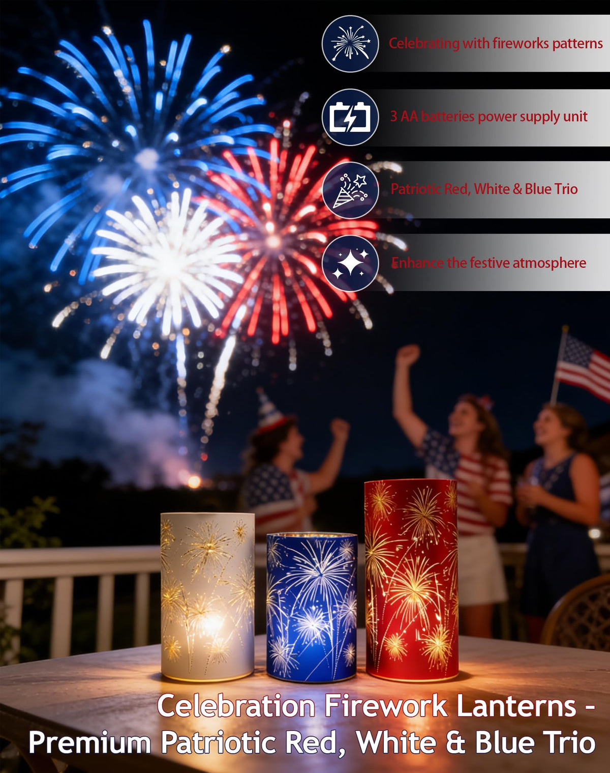 Set of 3 Celebration Fireworks Glass Hurricanes, New Etched Firework Starburst Glass Hurricane Lamp with LED Lights, 250 Anniversary America Centerpieces for Mantel, Dining Table (Warm Light-B)