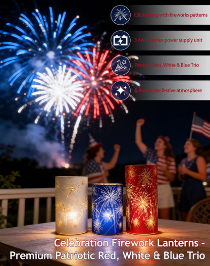 Set of 3 Celebration Fireworks Glass Hurricanes, New Etched Firework Starburst Glass Hurricane Lamp with LED Lights, 250 Anniversary America Centerpieces for Mantel, Dining Table (Warm Light-B)