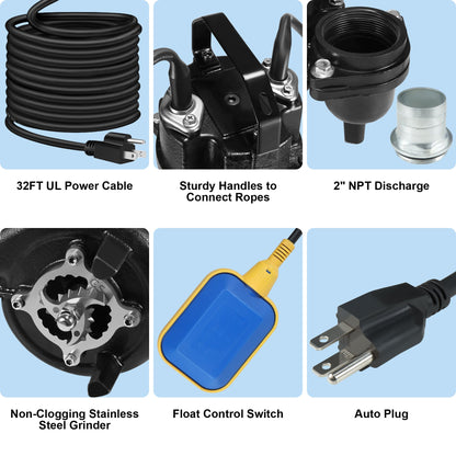 NLIEOPDA 1HP Sewage Grinder Sump Pump, Submersible Effluent Pumps 110V 6400 GPH Auto Float Switch, Cast Iron, 2'' NPT Discharge for Basement, Sump Basin, Residential Sewage