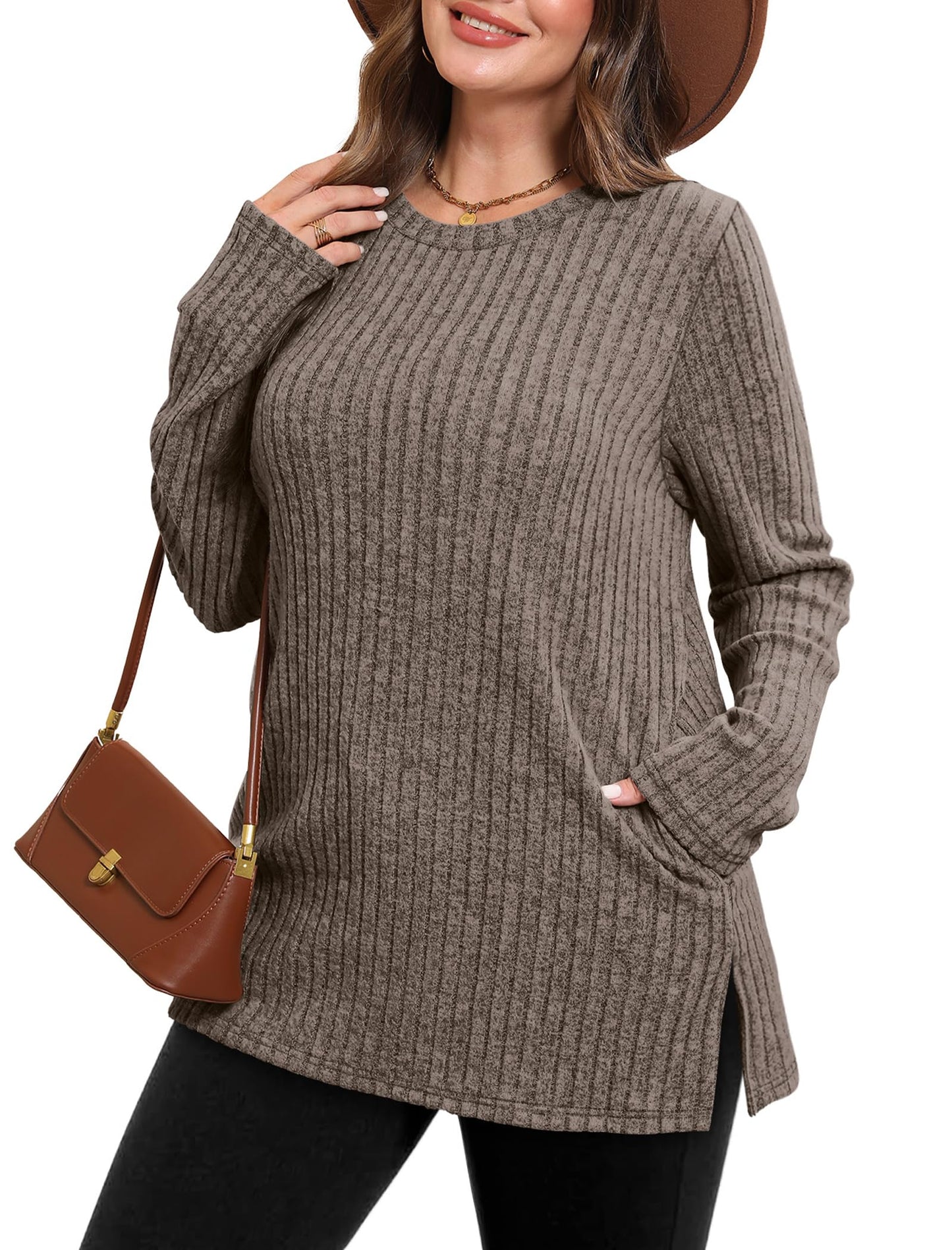 SAMPEEL Womens Sweaters Crewneck Long Sleeve Shirts with Pockets Fall Outfits 2025 Fashion Winter Clothing Side Slit