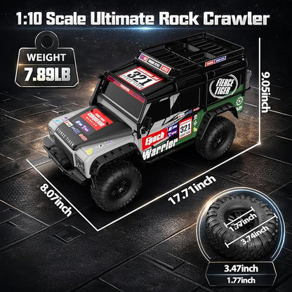 RC Cars RC Crawler 1/10 Scale RTR Remote Control Car 4WD 2.4GHz Brushed Offroad Racing Hobby Grade Model Vehicle with LED Lights 2Pcs Battery Toy for Kids and Adults
