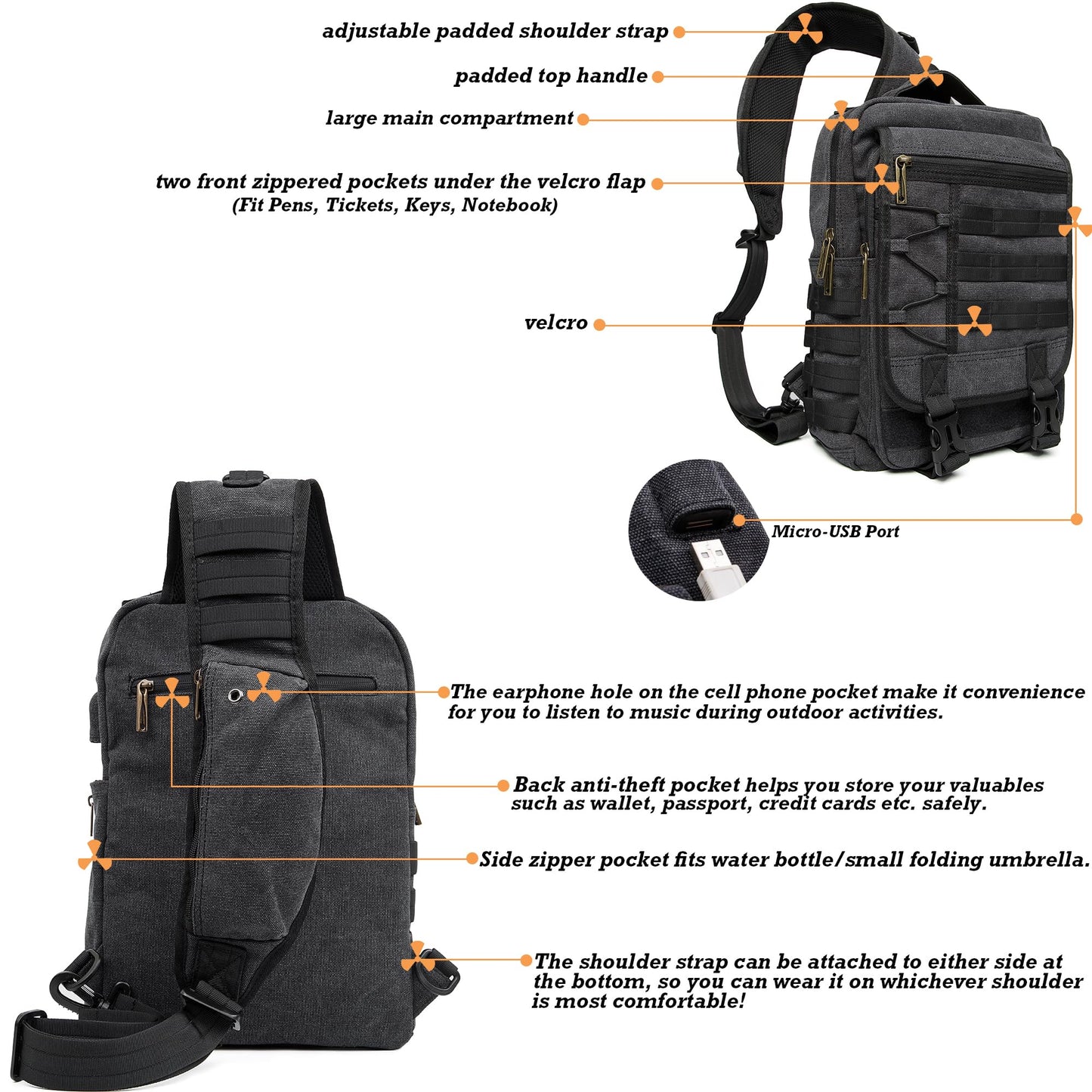 NICGID Sling Bags Chest Shoulder Backpacks, 13.3'' Laptop Backpack Crossbody Messenger Bag Travel Outdoor Men Women