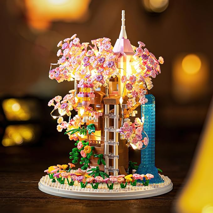 Cherry Blossom Bonsai Tree House Building Flowers Set for Adults 1382 Pcs Micro-Particle Ideas Sakura Tree Building Blocks Complete with String Lights Dust Cover and Wooden Base