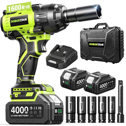 Robustrue 1600N.m (1180ft-lbs) Cordless Impact Wrench, 1/2 High Torque Brushless Impact Gun, 2400RPM Power, 2 x 4.0Ah Batteries, Fast Charger, Impact Wrench for Heavy Duty Truck RV Mower