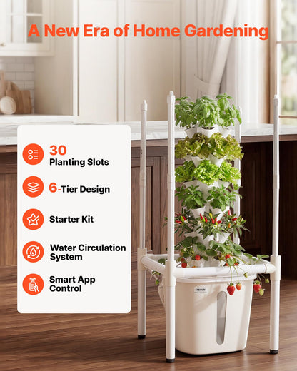 VEVOR Hydroponic Tower, 30 Pods 6 Tiers Hydroponics Growing System Kit with LED Grow Light & App Control, Vertical Home Garden with 20L Water Tank & Pump, Planter for Indoor Herbs, Fruits, Vegetables
