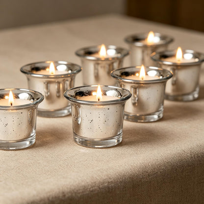 Hosley Set of 6 Metallic/Antique Finish Glass Candle Tealight Holders. Ideal Gift for Wedding Bridal Party Reiki LED Votive Tea Light Gardens O4 (Antique Silver)