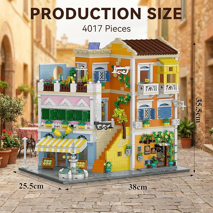 Italian Street View Building Blocks Set - 3-Story Pizza Shop &amp Lemon Store Modular Bricks with Fountain &amp Balcony Details 4017 Pieces for Adults &amp Teens Collectible Architecture Model Ki