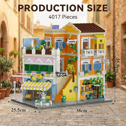 Italian Street View Building Blocks Set - 3-Story Pizza Shop &amp Lemon Store Modular Bricks with Fountain &amp Balcony Details 4017 Pieces for Adults &amp Teens Collectible Architecture Model Ki