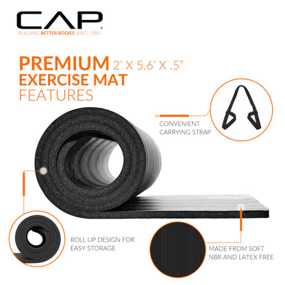 CAP Barbell High Density Exercise Mat with strap, 68"x24" 12mm (Black)