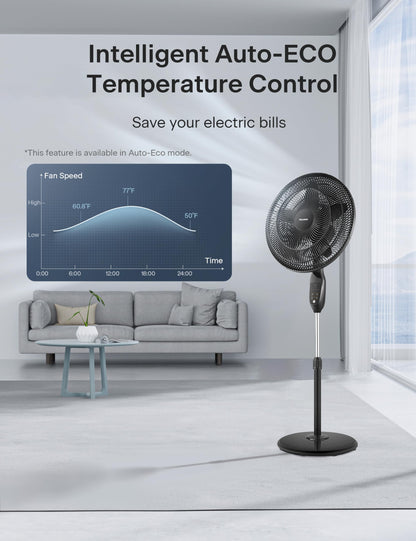 PELONIS PFS45A5BBB 18 inch 5-Blade Oscillating, Adjustable Standing Pedestal Remote, LED Display, 5 Speed Setting and 7-Hour Timer Fan, Black