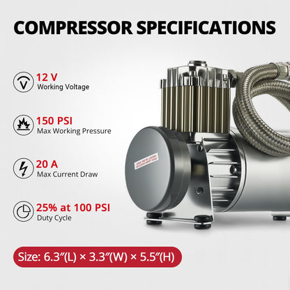 EVIL ENERGY 2 Gallon Air Tank and Compressor Kit 6 Ports 1/4" NPT 150PSI Rated 12V Compressor Air Tank for Air Horn, Inflating Tires, Car, Truck, Suspension Systems, Train Horn, DIY Pneumatic Tools
