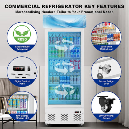 ECEVT 26.8'' W Commercial Beverage Refrigerator, 15 Cu.ft Upright Display Merchandiser Cooler Fridge with LED Light, Adjustable Shelves & Lockable Door for Restaurant Grocery Stores Home, White