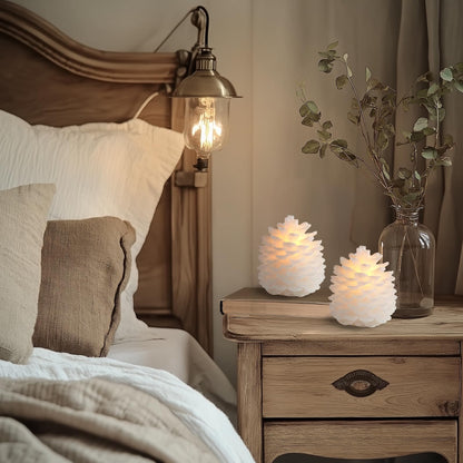 Homemory 2 Pcs Pine Cone Candles Flameless, White LED Flickering Lights with 6 Hours Timer, Battery Operated Candles for New Year Celebration Holiday Decorations D4.3 x H4.7 Inches