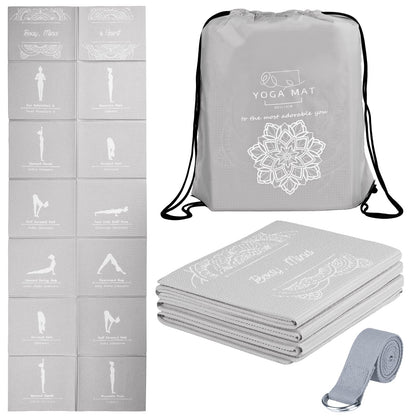Foldable Yoga Mat for Women, Non Slip Exercise Mat for Home Gym, 5mm Travel Yoga Mats Set With Stretch Strap for Yoga Pilates and Fitness, 68"L x 24"W x 0.2 Inch Thick