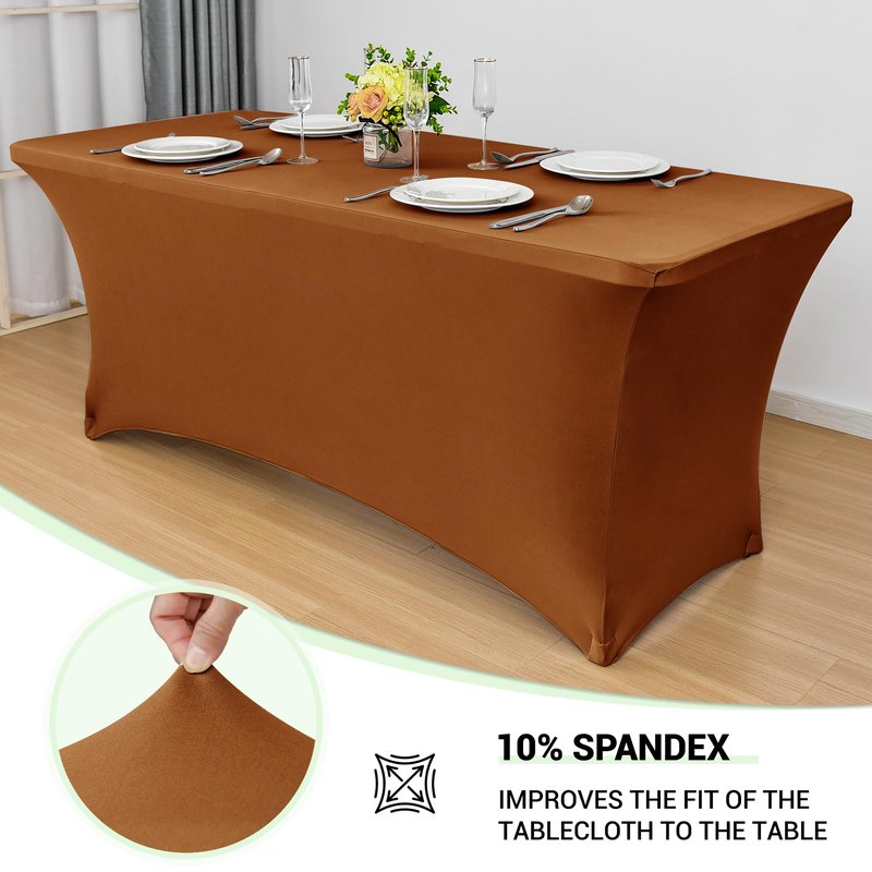 Obstal 8Ft Stretch Spandex Table Cover for Standard Folding Tables - 2 Pack Universal Rectangular Fitted Tablecloth for Party, Banquet, Events, Trade Show (Light Coffee, 96L x 30W x 30H Inches)