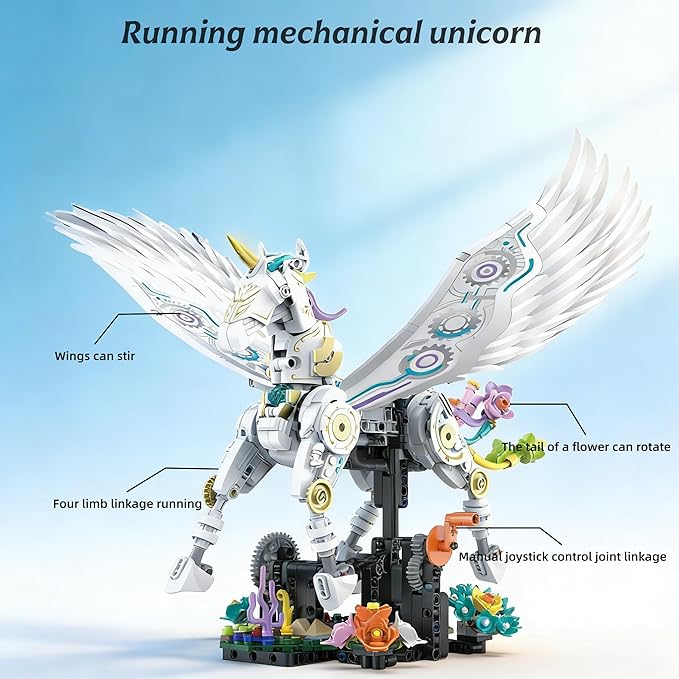 Unicorn Building Set for Adults with Flower Display Mechanical Linkage Rainbow Animal Figures Kit Compatible with Lego Home Office DecorGift for Animal Lovers