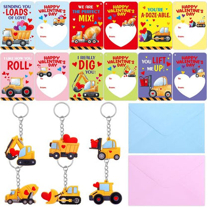 Fancy Land Construction Valentines Cards with keychains 30 Pack Classroom Kids Valentine's Day Cards with Keychains Exchange Gift Set Boys Girls Goody Bag Favors Truck Tractor