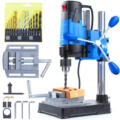 bellaDimora Mini Benchtop Drill Press — 1200W 6-Speed 2800rpm, 16-Piece Multi-Material Drill Bit Kit, 360° Rotation, 3.15 in Drilling Depth, Workshop Stand