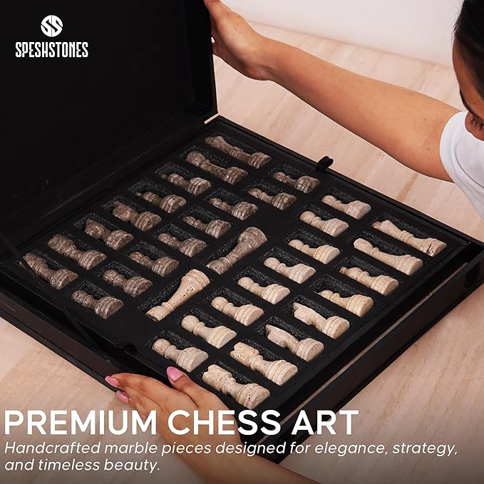 Marble Chess Set 15 Inches Handmade Travertine &amp Oceanic Luxury Board Games for Adults Ideal Marble Chess Board Game Set Chess Pieces &amp Storage Box for Gifts &amp Home Decor