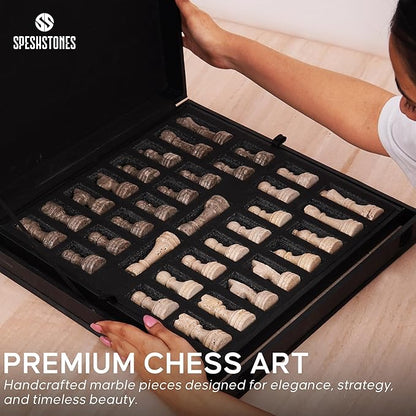 Marble Chess Set 15 Inches Handmade Oceanic &amp Travertine Luxury Board Games for Adults Ideal Marble Chess Board Game Set Chess Pieces &amp Storage Box for Gifts &amp Home Decor
