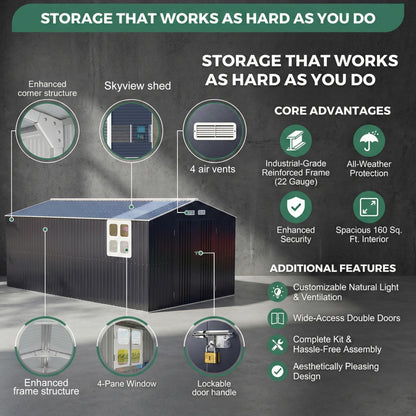 10x16 FT Metal Shed Heavy-Duty | Military-Grade 20-Gauge Reinforced Frame with Powder Coating | 50 PSF Snow Load & 120 MPH Wind Rated | Garden Tool/Bike Skylight Large Building