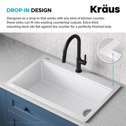 KRAUS Bellucci Workstation 33 in. Drop In Single Bowl Granite Kitchen Sink in White with Accessories, KGTW1-33WH
