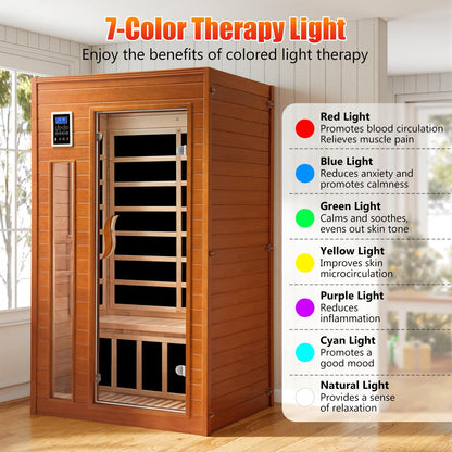 X-Vcak 1-2 Person Infrared Sauna, Dry Heat Sauna with Red Light Therapy, Bluetooth, Radio, 7-Color Therapy Light for Home, Indoor, Gym, Wellness Center, 40″ x 36″ x 73″, Brown