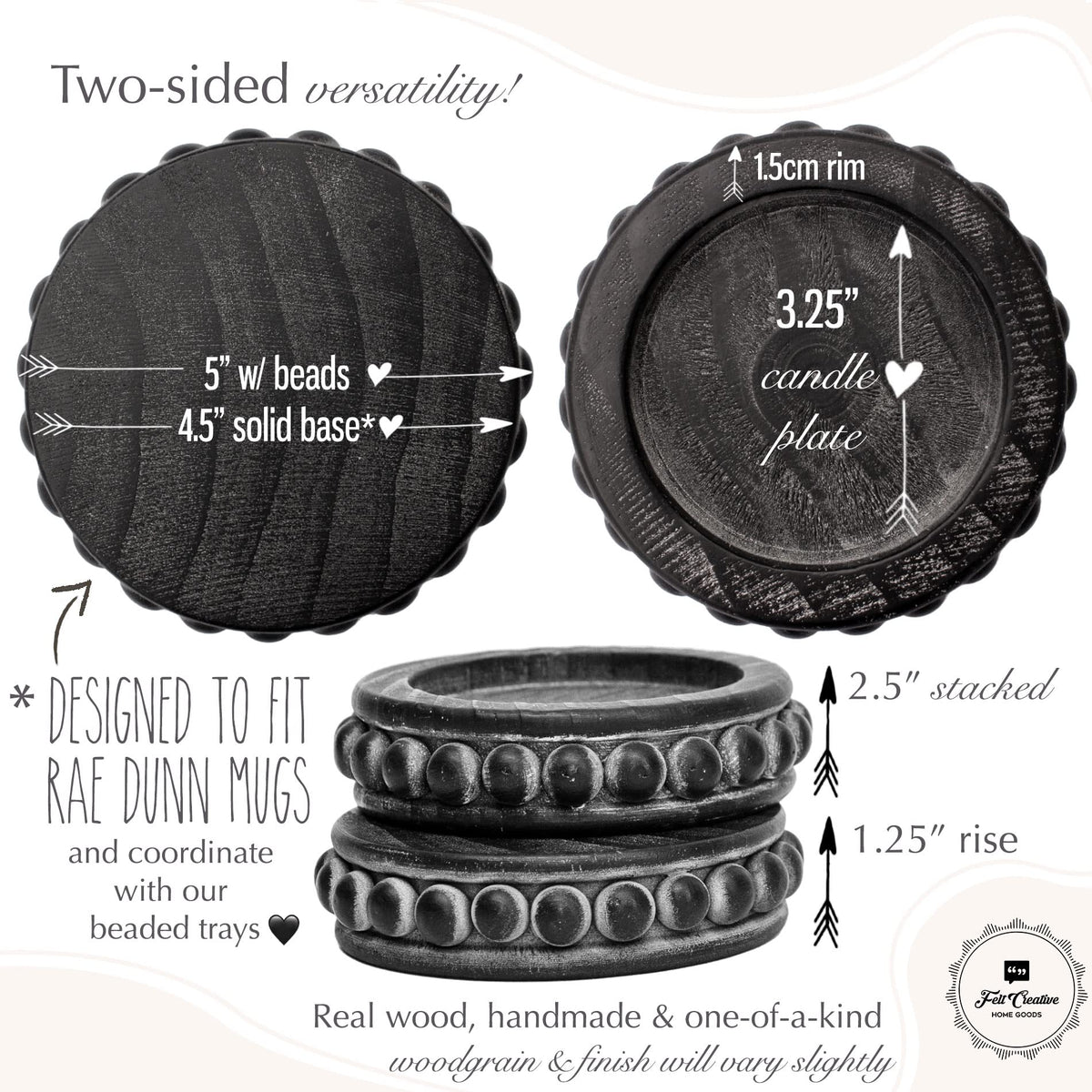 Felt Creative Home Goods Set of 2 Round Rustic Wood Beaded Risers - Sturdy 2-Sided Stackable Decor Pedestal Stands for Tiered Tray, Candle, Mug Display (Rustic Black, 5 inch)