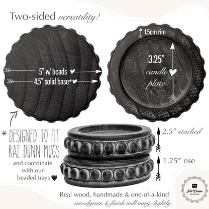 Felt Creative Home Goods Set of 2 Round Rustic Wood Beaded Risers - Sturdy 2-Sided Stackable Decor Pedestal Stands for Tiered Tray, Candle, Mug Display (Rustic Black, 5 inch)