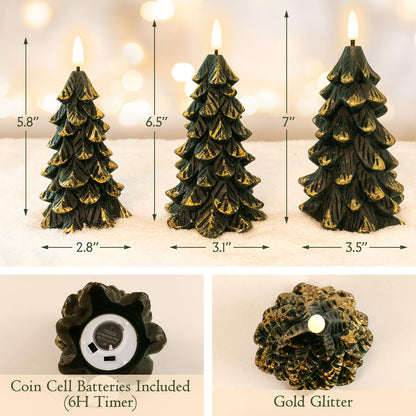 Yongmao Green Christmas Tree Shaped Flickering Flameless LED Candles with Timer, Real Wax Battery Operated, Set of 3