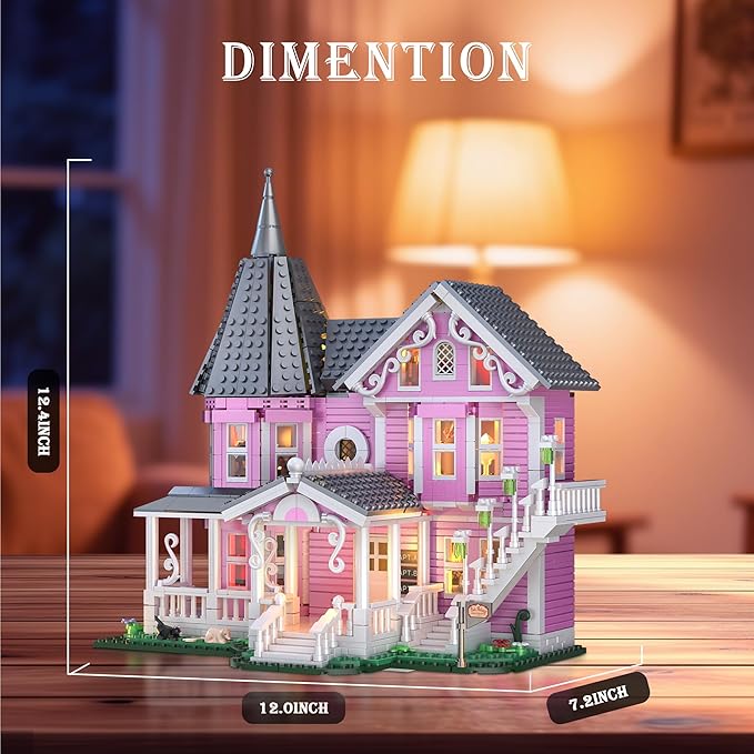 Pink Palace House Building Set with Lights 1349PCS Halloween Haunted House Blocks Compatible with Lego Christmas Birthday Gifts for Kids Adults Aged 8+