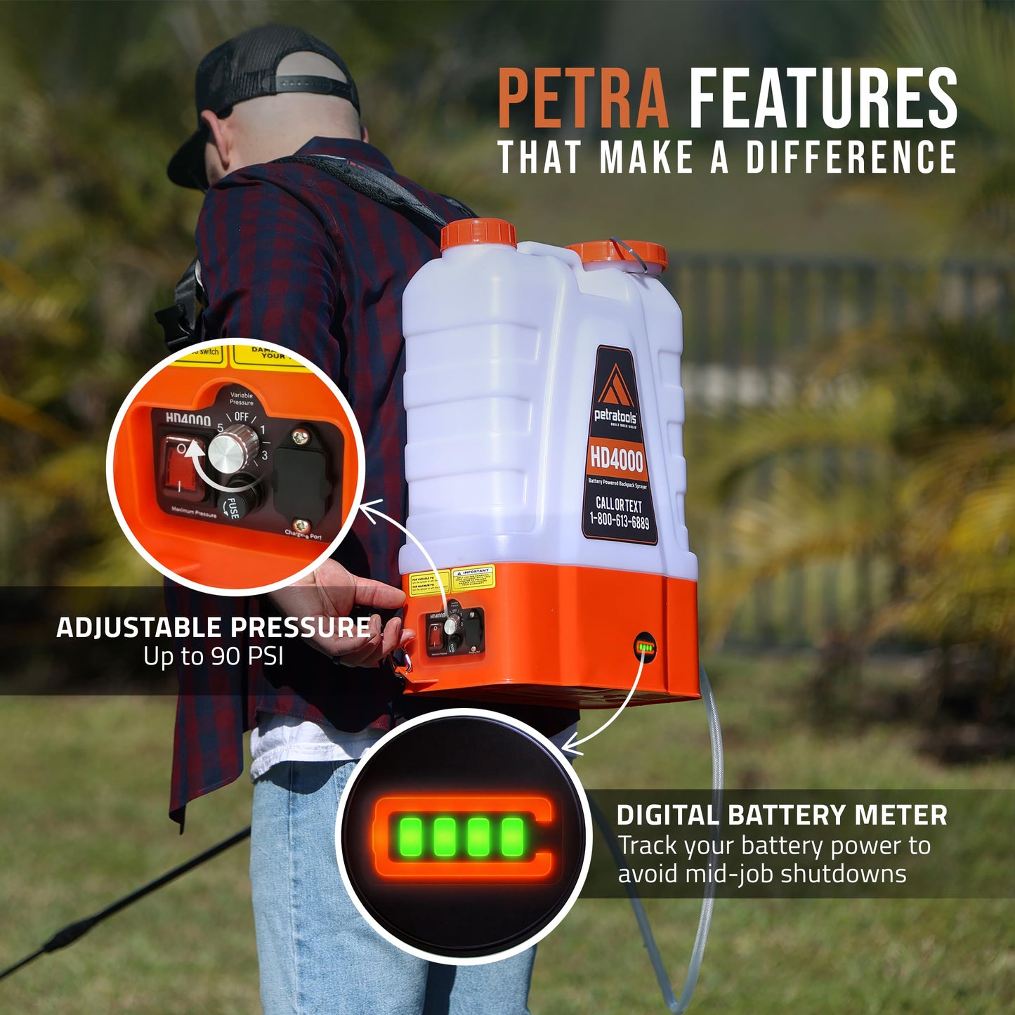PetraTools Battery Powered Backpack Sprayer 4 Gallon - 6 Hours Long Battery Life & Padded Straps for Comfort - HD4000 Electric Backpack Garden Sprayer with 6 Spray Nozzles & 90PSI Adjustable Pressure