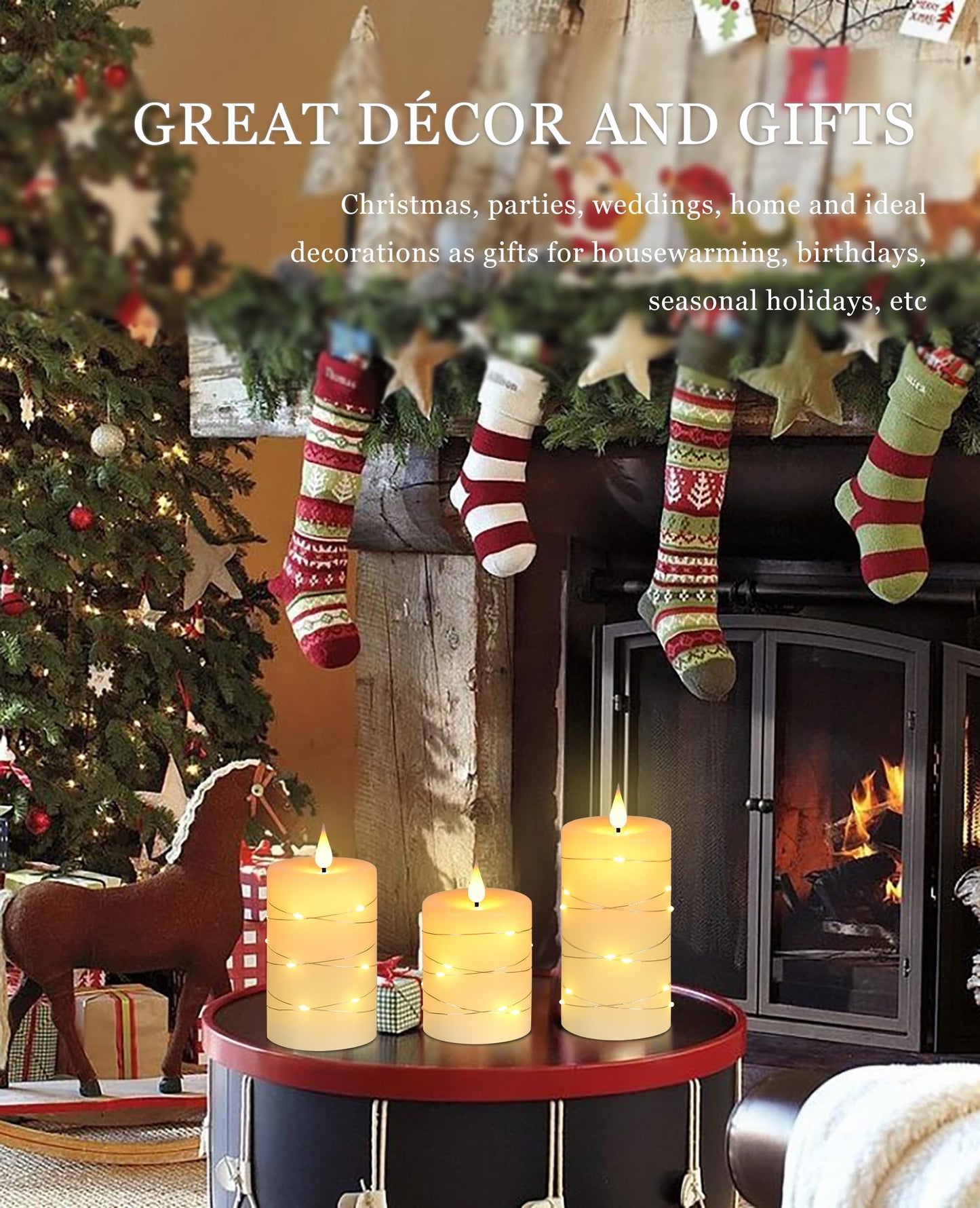 Upinmz Flickering Flameless Candles with Embedded String Lights, Battery Operated Candles with Remote Control and Timer,LED Candles for Home Decoration,Real Wax,3 Pack Ivory