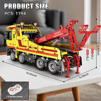 Reobrix Tow Truck Building Blocks 22012 Adult Construction Vehicle Model Kit Mechanical Rescue Vehicle RC Crane Toys with Multi-Function Switches Gifts for Adult 1794 Pieces