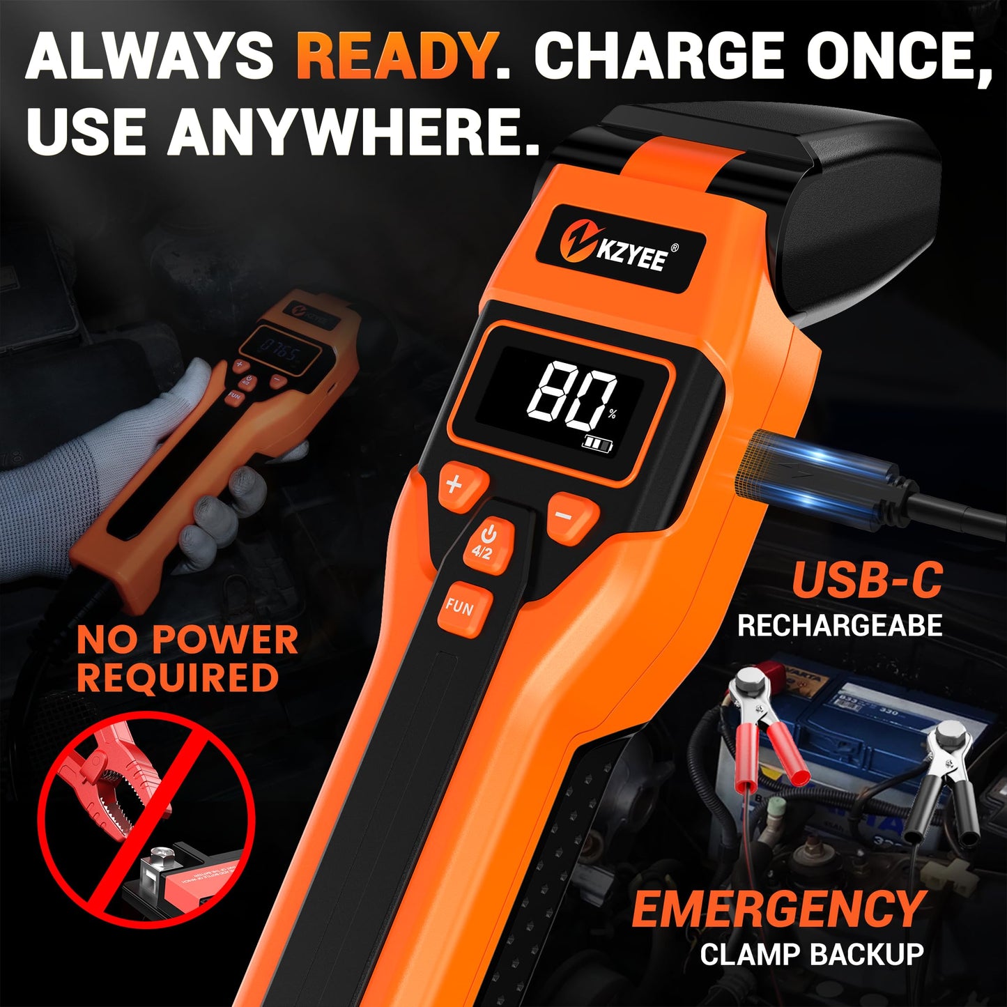 KZYEE KT80 Automotive Inductive Timing Light with Tachometer (RPM), Advance, Dwell Meter & 0-35V Voltage Test, 60° Adjustable LED Strobe, USB-C Rechargeable & 12V Backup, for Distributor Gas Engines
