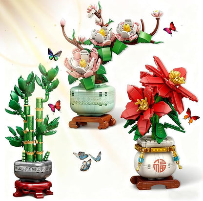 Botanicals 3 Bonsai Flowers Building Blocks Set Lucky Bamboo-Red Poinsettia-Pink Orchid Artificial Flower Bouquet Building Bricks Toy Plants Decor Ideal Valentine's Day Gift for Lover (1576PCS)