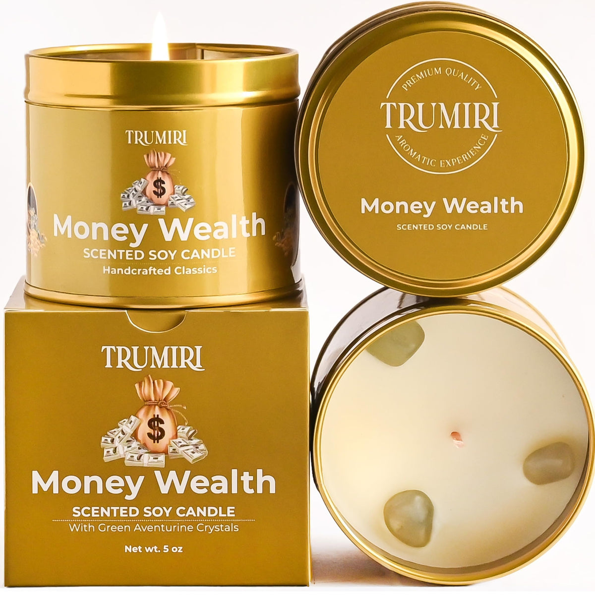 Money Wealth - Crystal Candles for Home Scented - 5oz Soy Wax Natural Clean Organic Non Toxic with Essential Oils - for Real Cash Luck Manifestation Aromatherapy Gift Bathroom - Long Lasting Candel