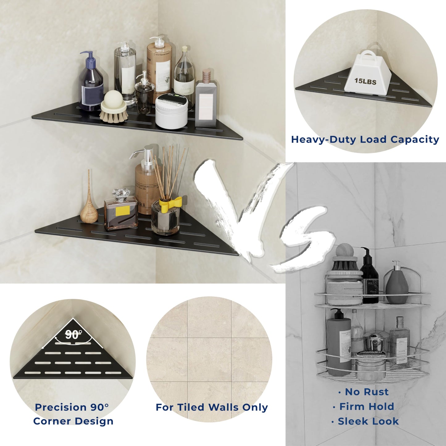 Peaktrivol Corner Shower Caddy Shelf, Recessed Built-in Bathroom Storage for Tiled 90° Walls, Matte Black 304 Stainless Steel, Set of 2
