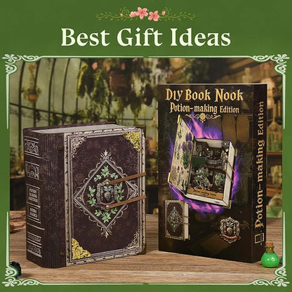 Book Nook Kit DIY Miniature Dollhouse Booknook Kit 3D Wooden Puzzle for Teens and Adults Bookend Bookshelf Insert Decor with LED Light (Potion-Making Edition)