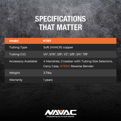 NAVAC NTB7 Ratcheting Tubing Bender for HVAC - Soft Copper Bender for Sizes 1/4, 5/16, 3/8, 1/2, 5/8, 3/4, 7/8 Inch OD