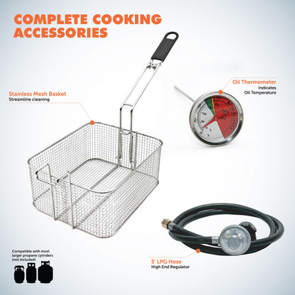 Flame King Proleo Tabletop Propane Deep Fryer with Oil Thermometer, 2.5 Gallons Capacity, with 5-FT Propane Regulator Hose