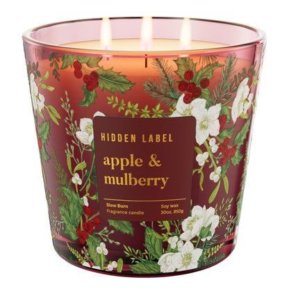 Apple Mulberry Scented Candle, 30oz 3 Wick Large Candle, 100H Long Burn Natural Soy Wax, Sweet Autumn & Winter Holiday Fragrance, Festive Gift for Women & Home Decor | Hidden Label