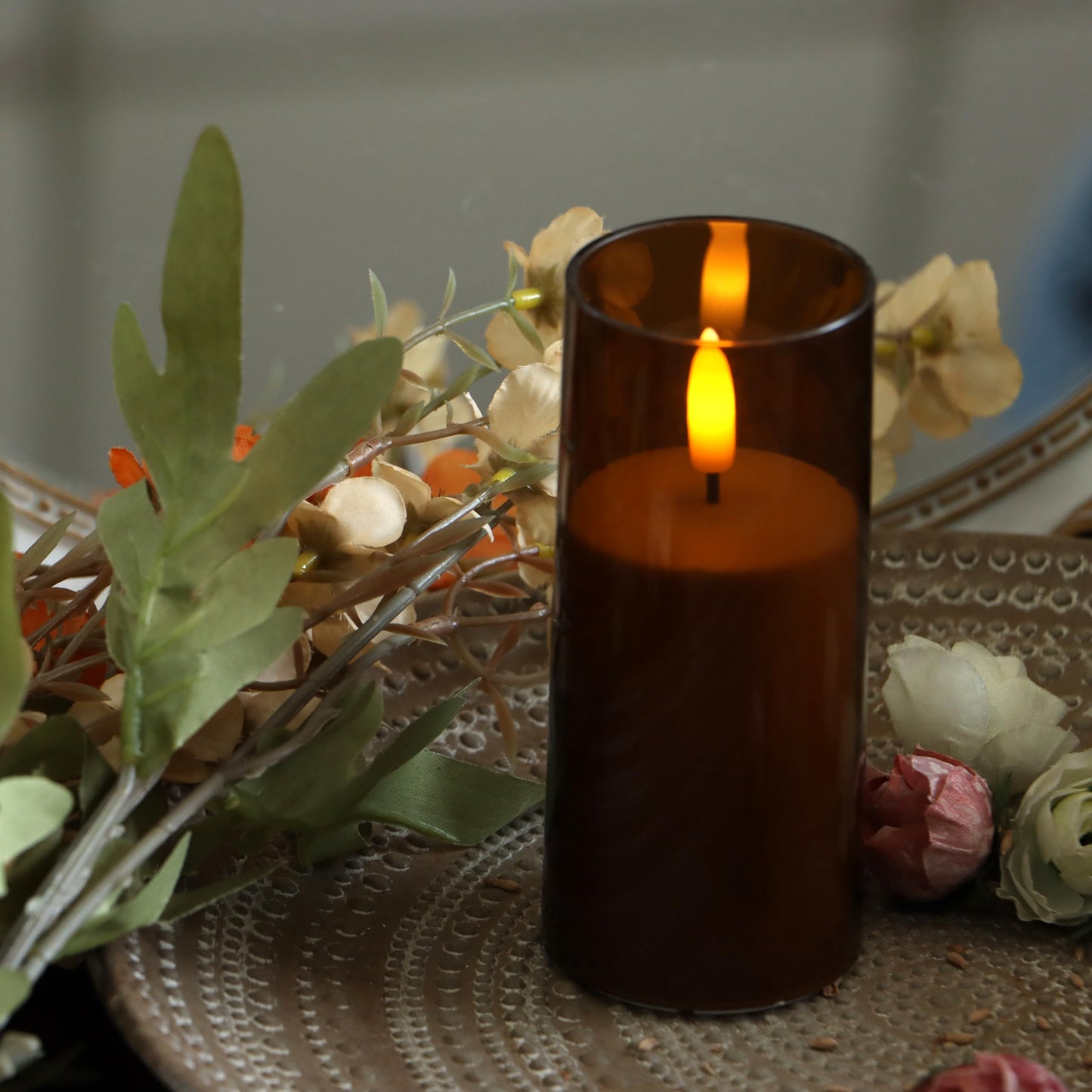 EZiKitchen 2 Pack LED Battery Operated Candles 2"x 5" Plastic Flickering Flameless Candles with Timer Wedding Party Halloween Christmas Decoration Gifts Slim Tall Pillar Candles,Brown