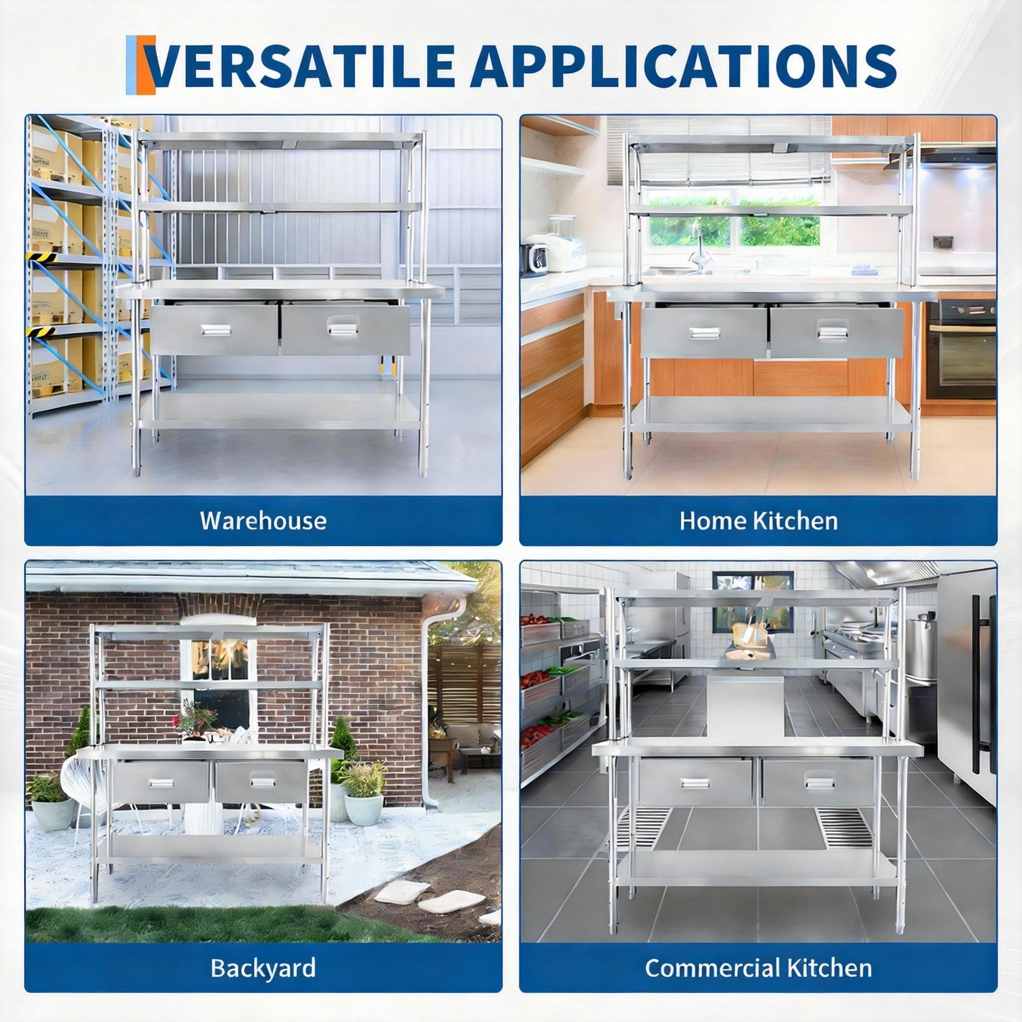 Garvee Stainless Steel Table with Shelves and Drawers, 48" X 24" Commercial Work Tables with 2-Tier Overshelves, Metal Kitchen Prep Table for Home Restaurant Garage, Commercial Workbench