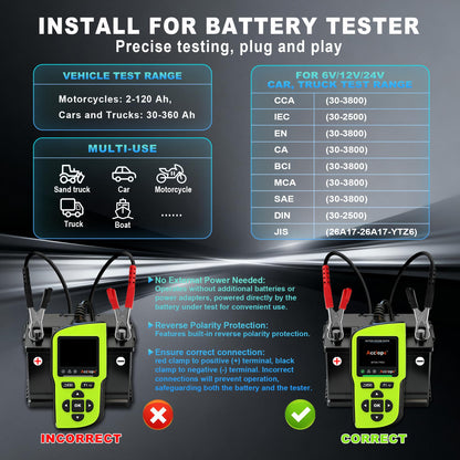 Acclope BT90 PRO 2-360Ah Battery Tester with Cloud Printing, 30-3800 CCA, 6V/12V/24V Digital Analyzer, SOH/SOC/Volt/Res/Cranking&Charging Test, Real‑Time Ambient Temp, AGM/EFB/Gel/Li