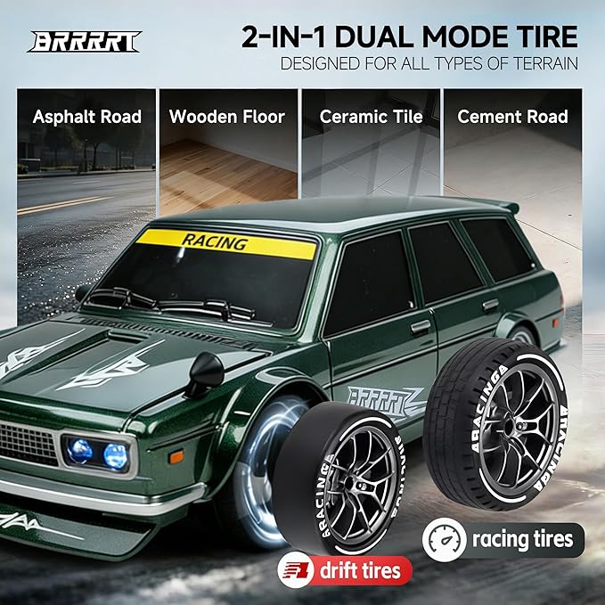 BRRRRT 1:24 RC Drift Car20KM/H 4WD High Speed Remote Control Cars with LED LightsAdjustable High Speed/Low Speed Ddrift CarExtra Drifting TiresSpeed Racing Sport Toy Car for Boys and Girls Age 6+
