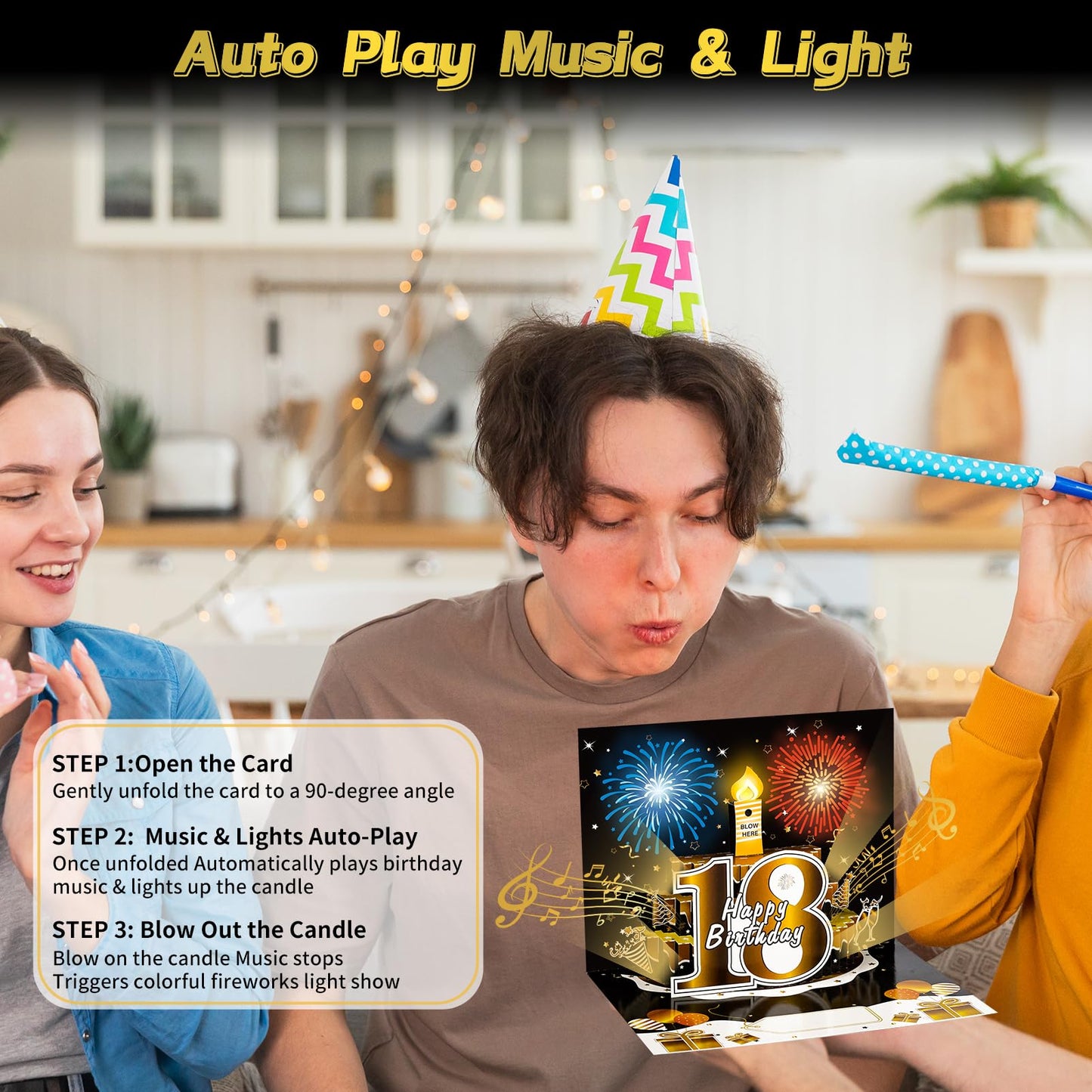 Turypaty 18th Birthday Cards Pop Up 3D Cake - Firework & Music & Blow Out Candle Light Funny Happy 18 Black Gold Birthday Card Gifts for Boys, Girls, Friends, Son, Daughter, Grandson, Boyfriend