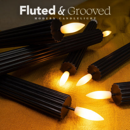 West Ivory 12 Pack, 10" LED Flameless Black Fluted Ribbed Grooved Taper Candles, Remote & 24h Timer Memory, On/Off Button, Dimmable, Flicker Mode, Battery Operated, Christmas Menorah Wedding
