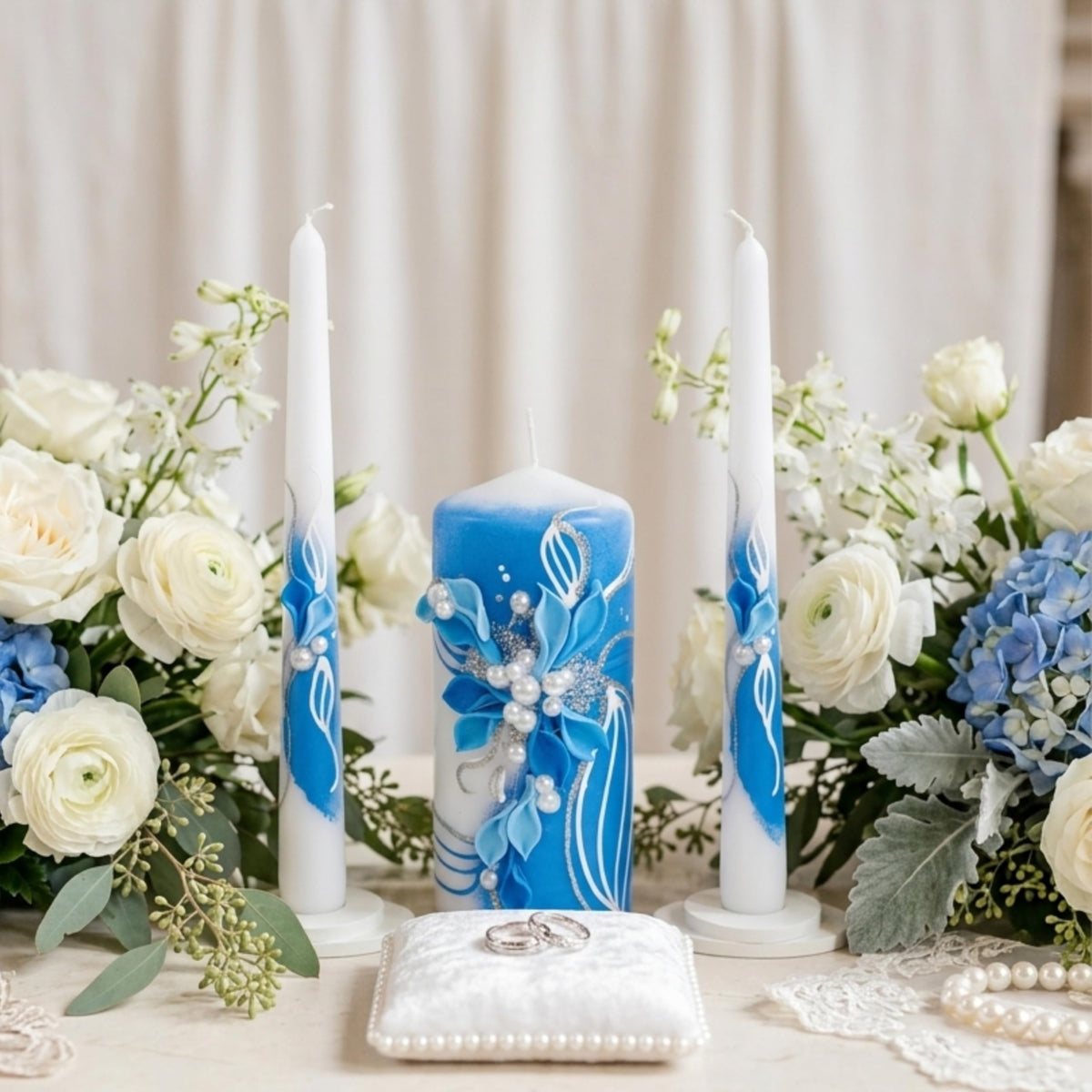 Magik Life Unity Candle Set - Wedding Ceremony & Reception – 6” Pillar & Two 10” Taper Candles – Long Burning Unity Candles for Marriage Ritual – Handmade in USA –White | Royal Blue